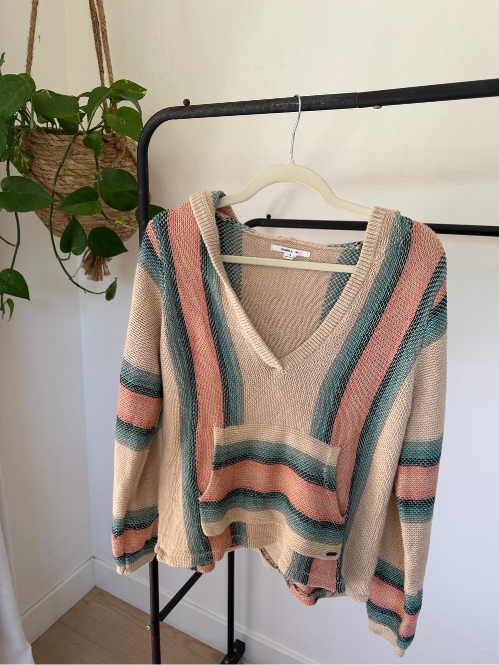 O'Neill Beige V-Neck Hoodie Sweater with Teal & Coral Stripes
